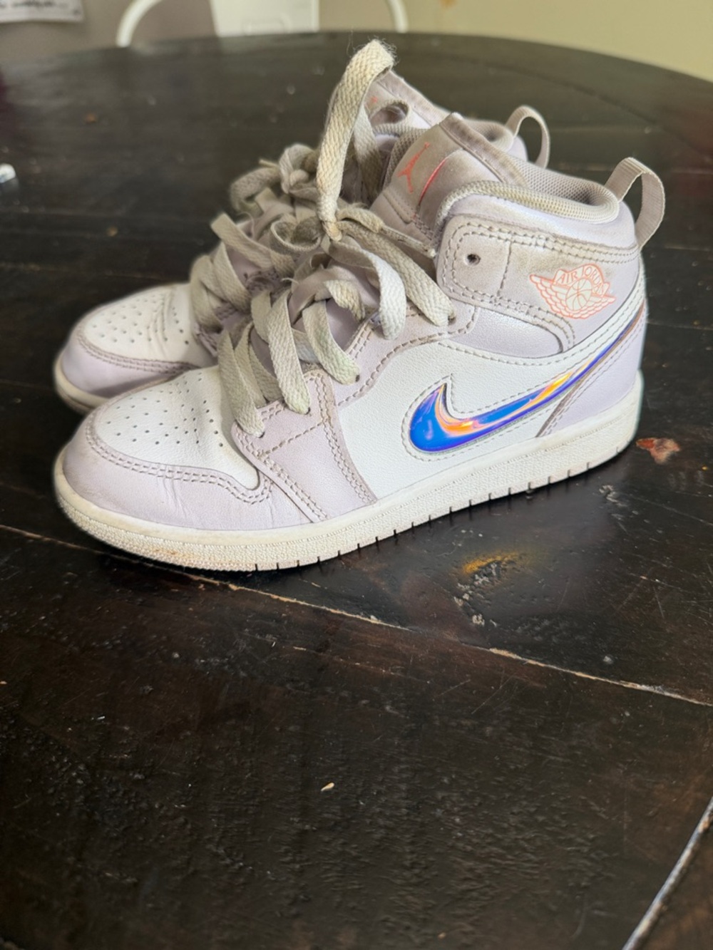 Jordan Kids Mid-Top Sneakers in Light Lavender with Iridescent Blue Swoosh